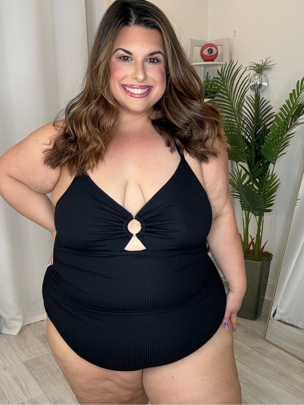 Plus Size Black One-Piece Swim Suit with Front Ring Detail
